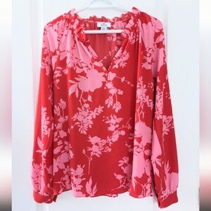 Lord Taylor Red/Pink floral contrast blouse Long Sleeve shirt small